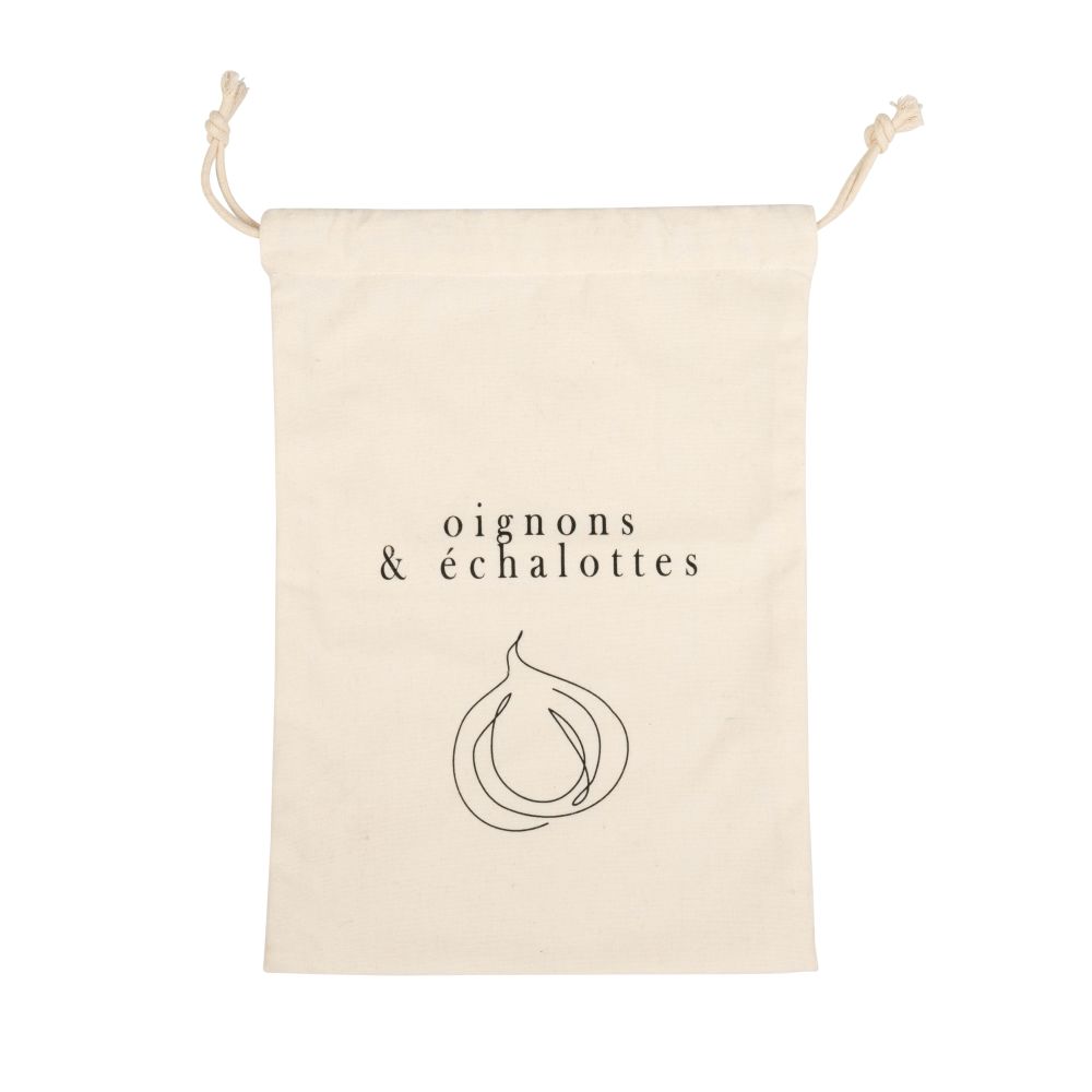 Sac à oignons et échalotes en coton beige imprimé Sac à oignons et échalotes en coton beige imprimé