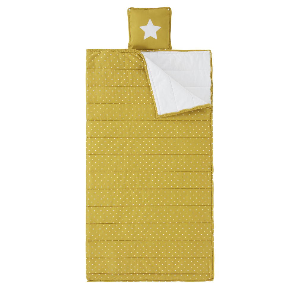 Sac de couchage enfant en coton jaune moutarde motifs à pois écrus