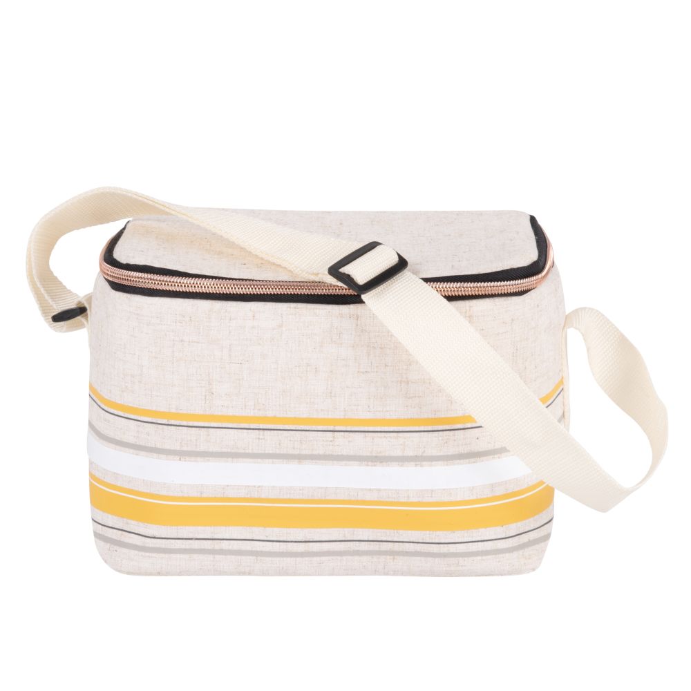 Sac isotherme en aluminium beige, gris et jaune motifs à rayures