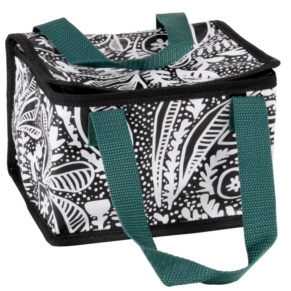 Sac isotherme en aluminium motif végétal vert, noir et blanc