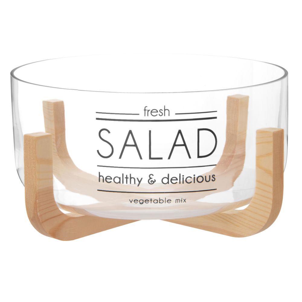 Saladier en verre avec inscriptions noires et support Saladier en verre avec inscriptions noires et support