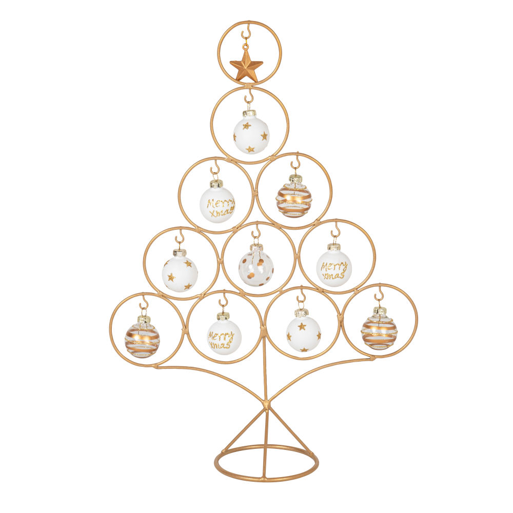 Sapin de Noël en métal doré avec boules en verre blanc et doré H36 Sapin de Noël en métal doré avec boules en verre blanc et doré H36
