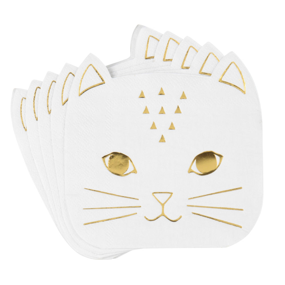 Serviettes chat en papier blanc et doré Serviettes chat en papier blanc et doré