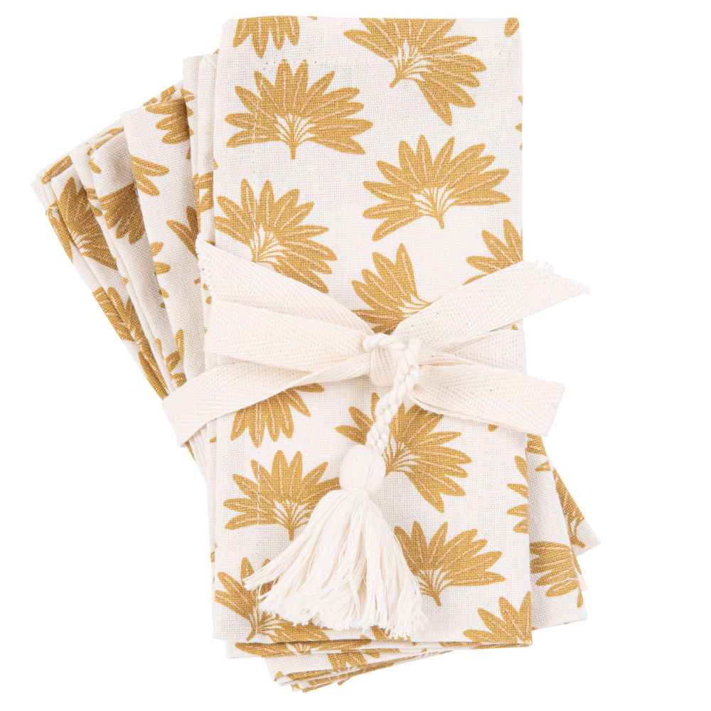 Serviettes en coton bio blanc imprimé jaune moutarde (x4)