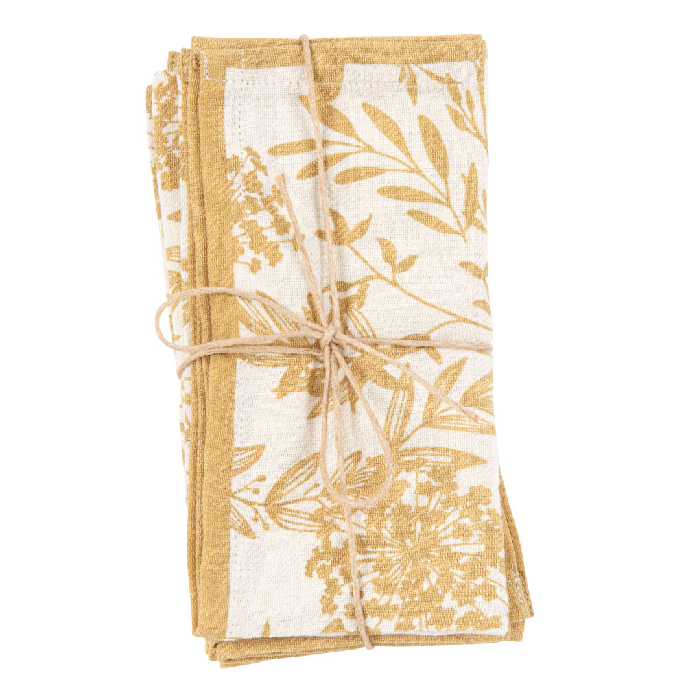 Serviettes en coton bio écru imprimé floral jaune (x4)