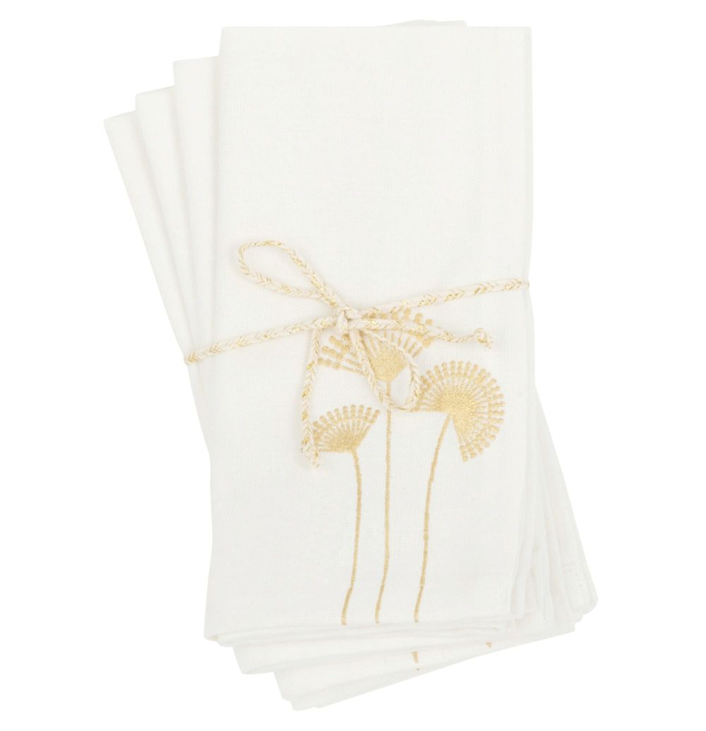 Serviettes en coton blanc motifs palmiers dorés 40x40