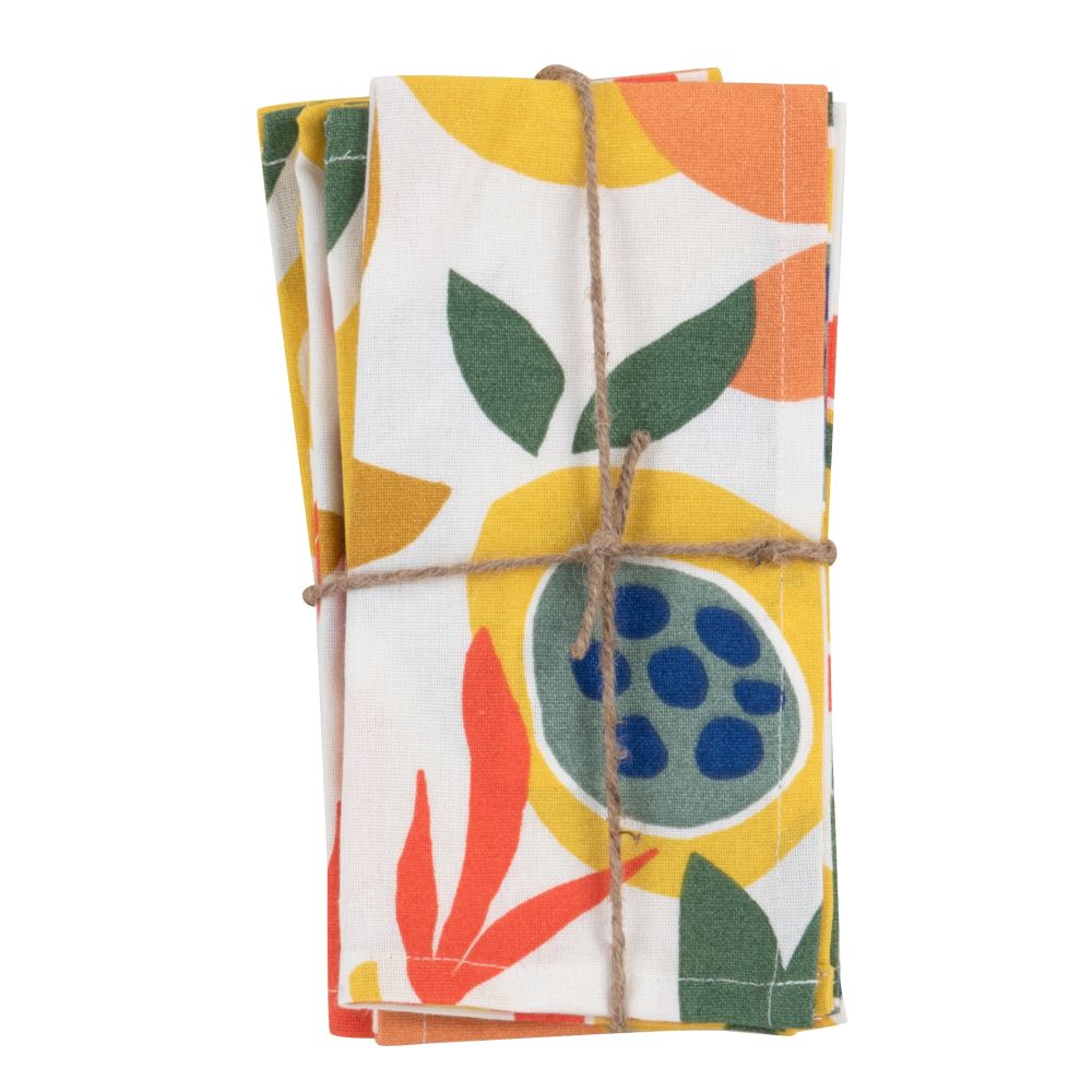 Serviettes en coton imprimé écru, jaune moutarde, bleu et corail (x4) 42x42 Serviettes en coton imprimé écru, jaune moutarde, bleu et corail (x4) 42x42