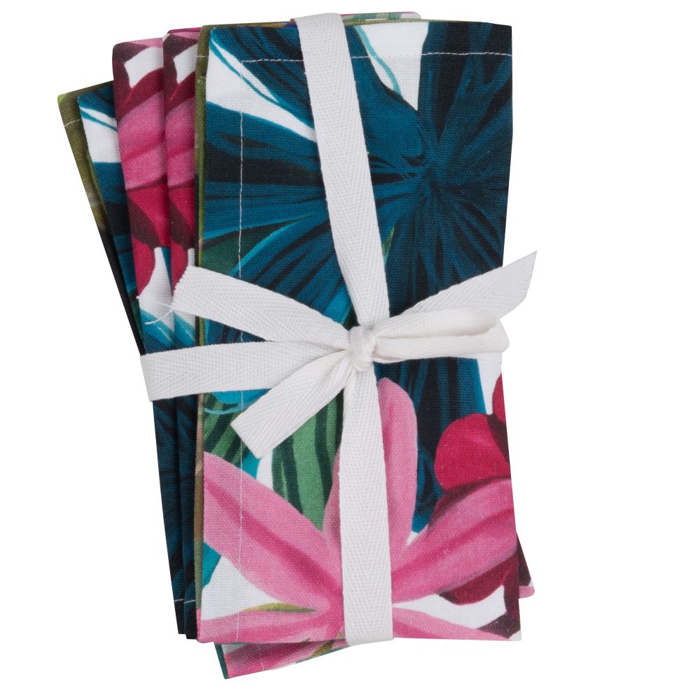 Serviettes en coton imprimé écru, vert, rose et bleu (x4) 42x42