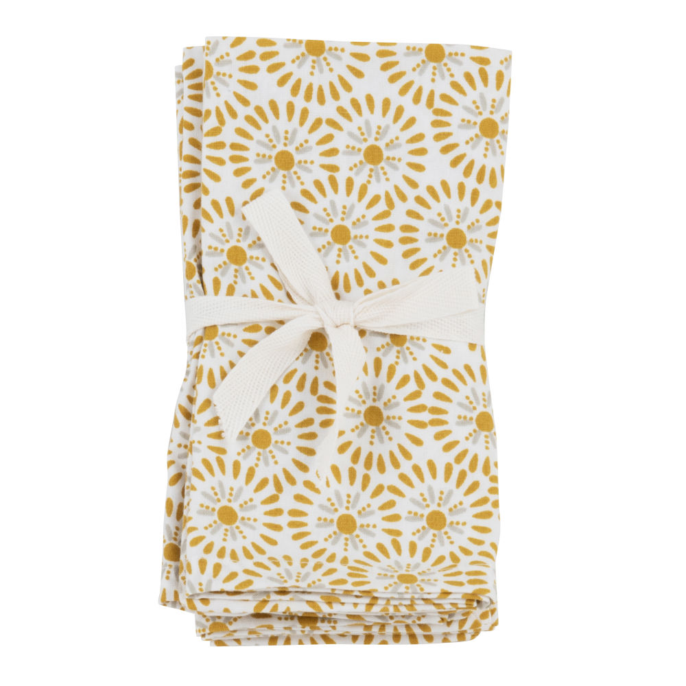 Serviettes en coton imprimé floral jaune et blanc (x4) 42x42