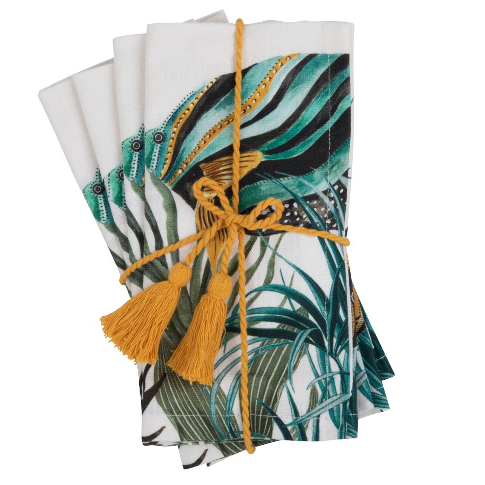 Serviettes en coton imprimé tropical écru, vert et jaune (x4) 40x40