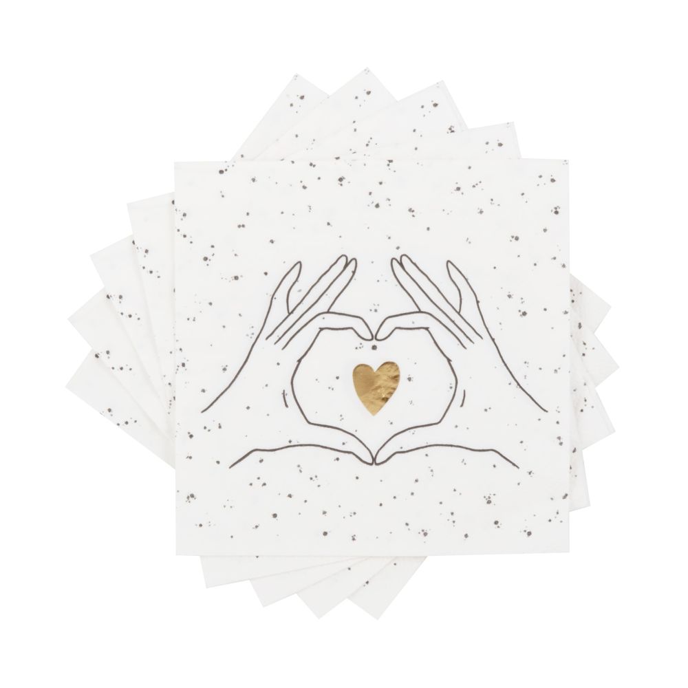 Serviettes en papier blanc, noir et doré motif cœur (x20)
