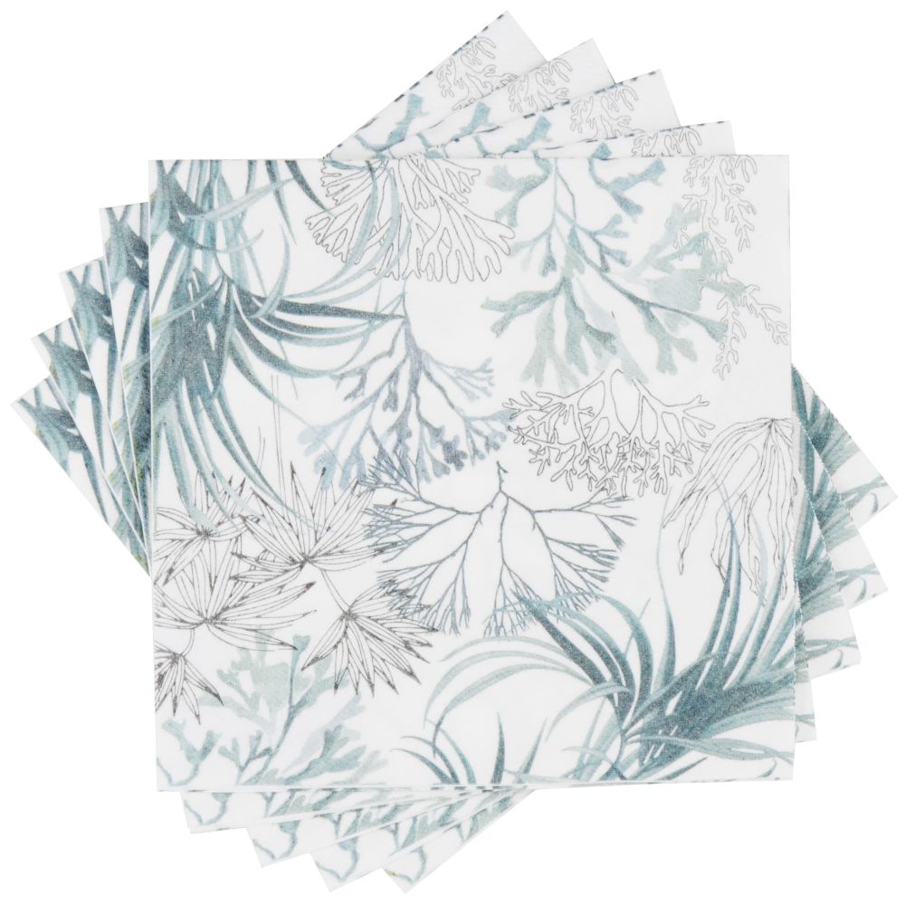 Serviettes en papier bleu vert et gris motifs coraux (x20)