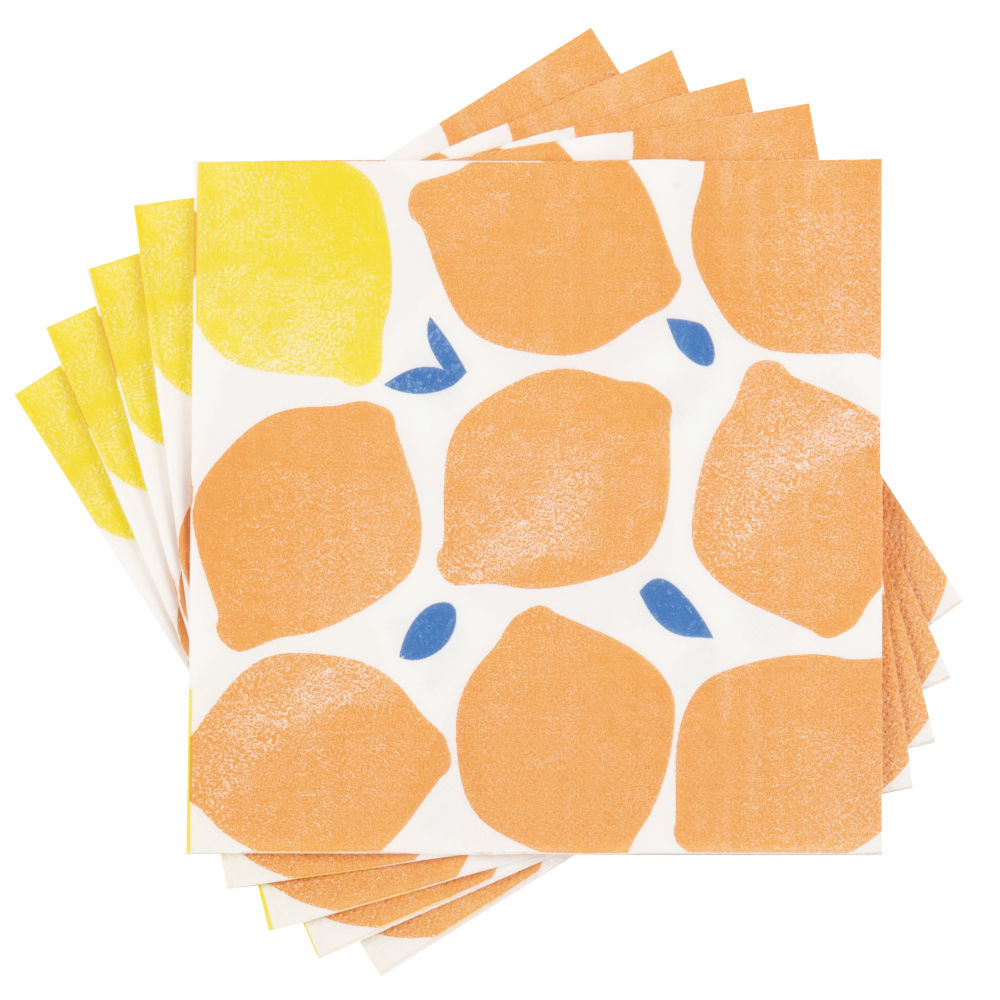 Serviettes en papier motifs citrons orange, jaunes et bleus (x20)