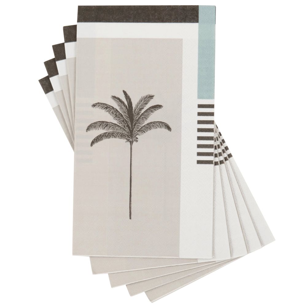 Serviettes en papier noir, gris et bleu motifs palmiers (x12)