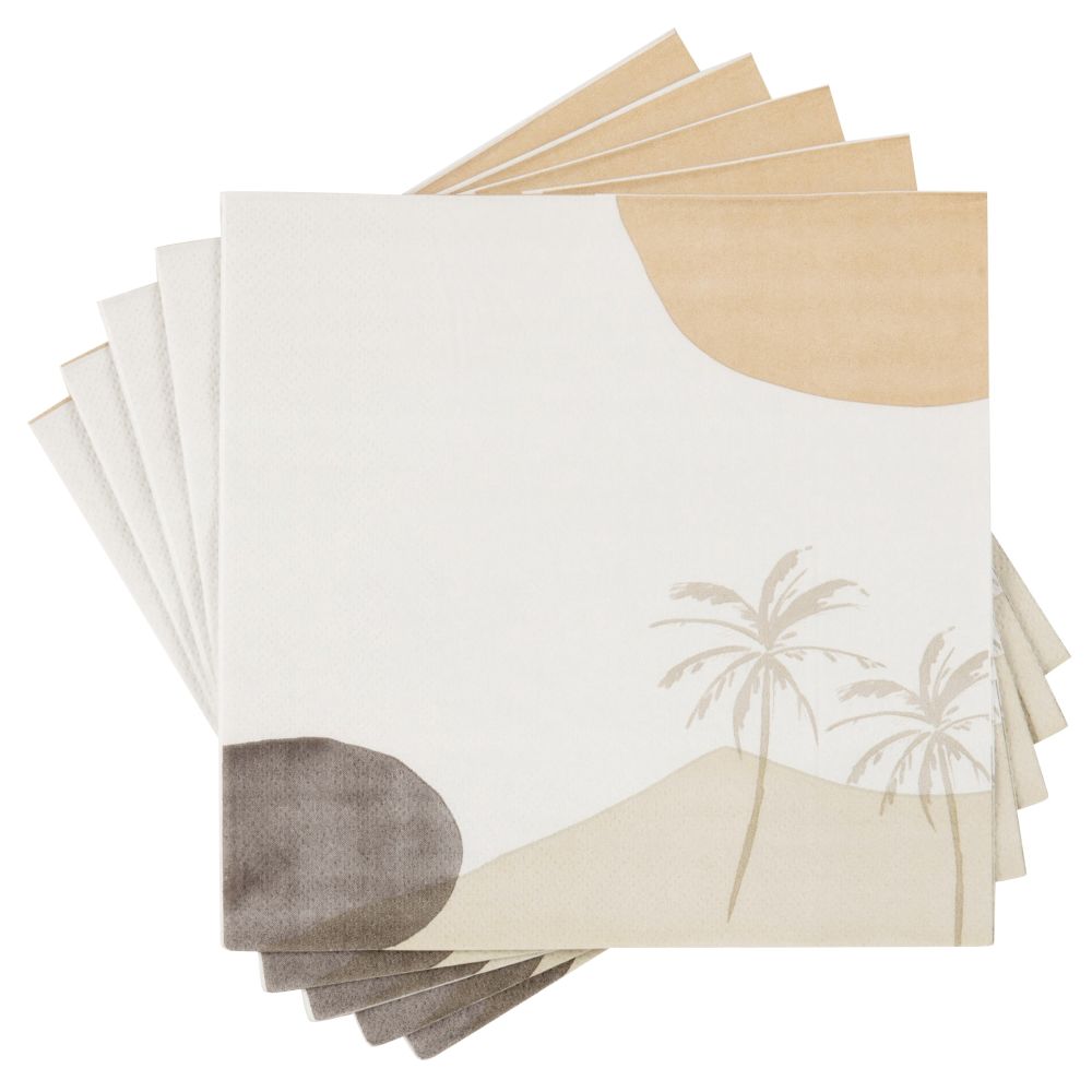 Serviettes en papier taupe, sable, gris et orange motifs palmiers (x20)