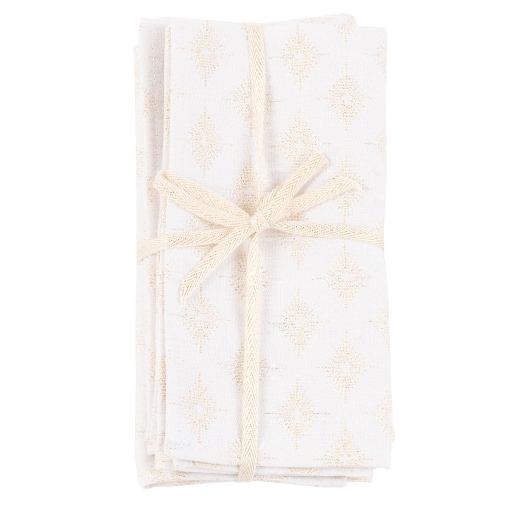 Serviettes tissées jacquard blanches à motifs dorés (x4) Serviettes tissées jacquard blanches à motifs dorés (x4)