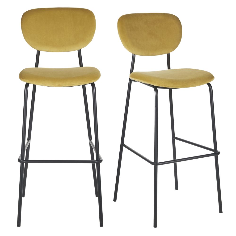 Set di 2 sedie da bar professionali in velluto giallo senape e metallo nero - Modello Contemporaneo - Giallo - Tessuto - Maisons du Monde