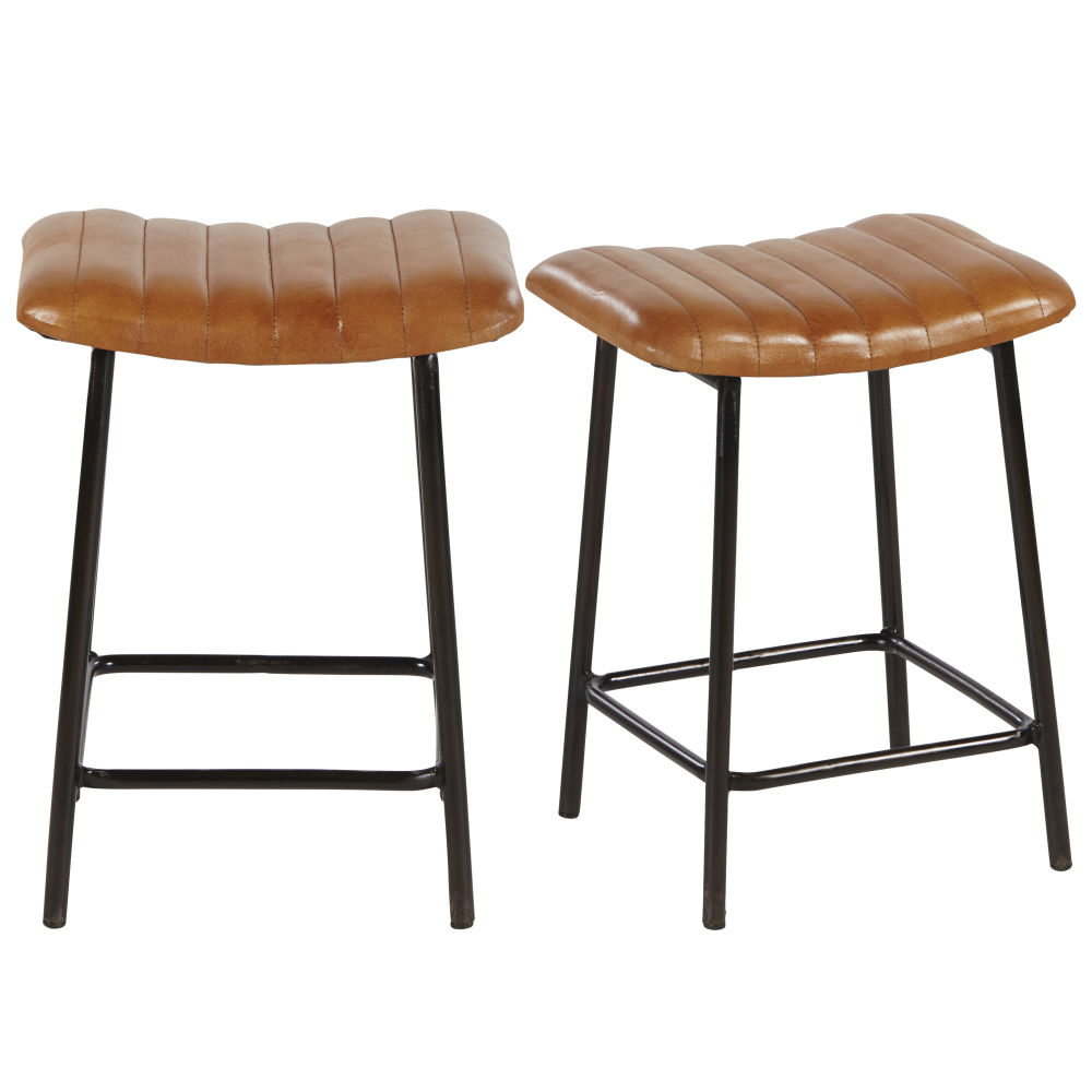 Sgabelli professionali in pelle di capra marrone e metallo nero (x2) - Modello Industriale - Marrone - Cuoio - Maisons du Monde