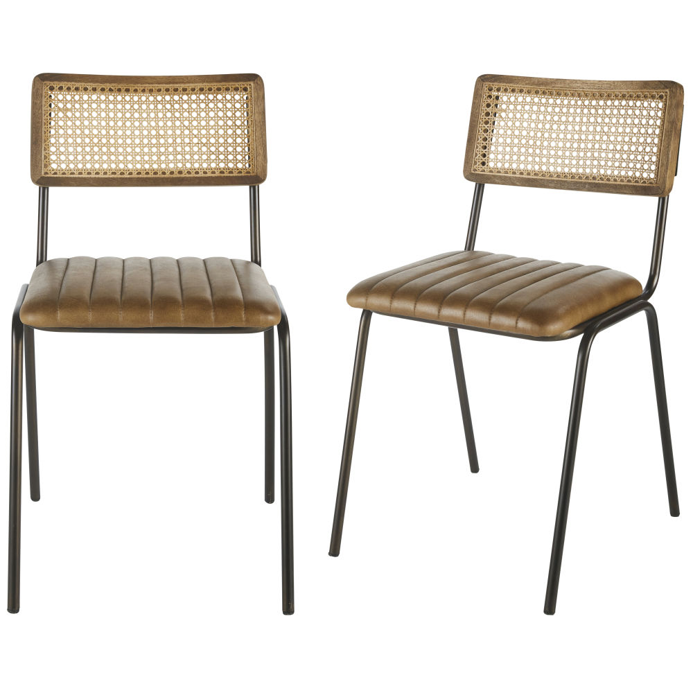 Sillas profesionales de piel de búfalo marrón, rejilla de ratán y metal negro (x2) EStilo vintage Maisons du Monde