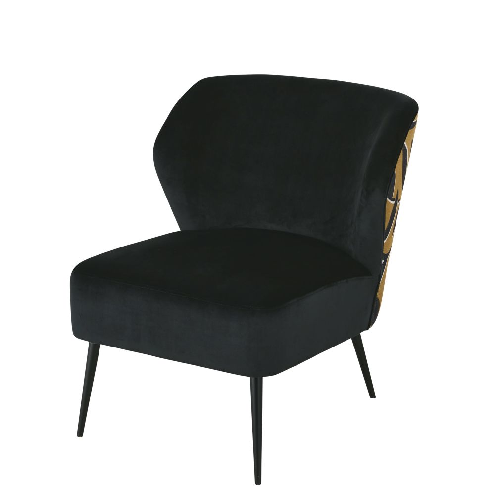 Sillón profesional de terciopelo en negro con motivo vegetal Estilo vintage Terciopelo Maisons du monde