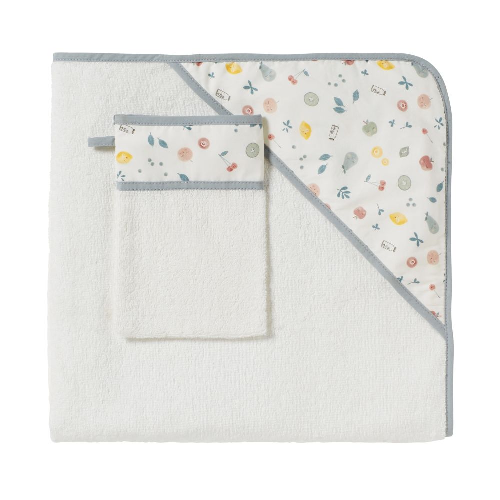 Sortie de bain bébé en coton blanc motifs fruits verts, jaunes et roses (photo) Sortie de bain bébé en coton blanc motifs fruits verts, jaunes et roses