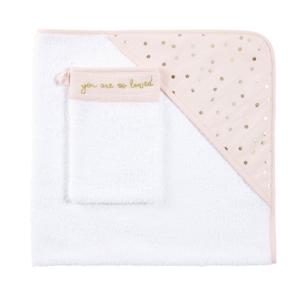 Sortie de bain bébé en coton rose motifs à pois dorés (photo) Sortie de bain bébé en coton rose motifs à pois dorés