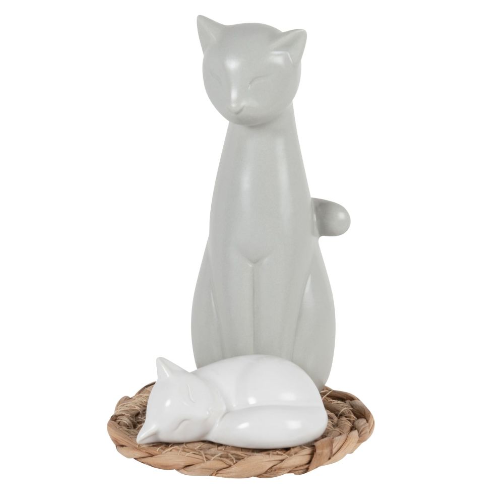 Statuette chats en porcelaine grise, beige et noire H16