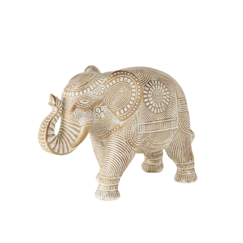 Statuette éléphant sculptée mandala marron blanchi H28 Statuette éléphant sculptée mandala marron blanchi H28