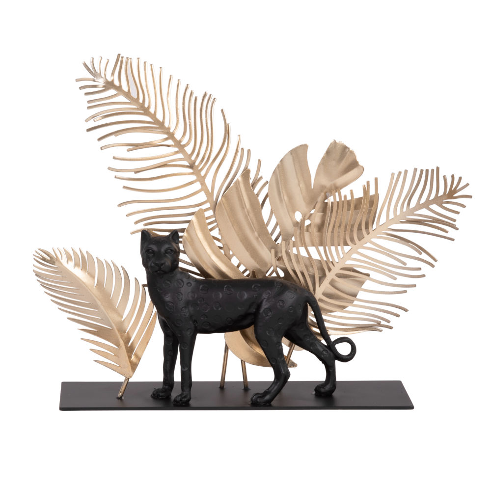 Statuette léopard noire et feuilles en métal doré H17 Statuette léopard noire et feuilles en métal doré H17