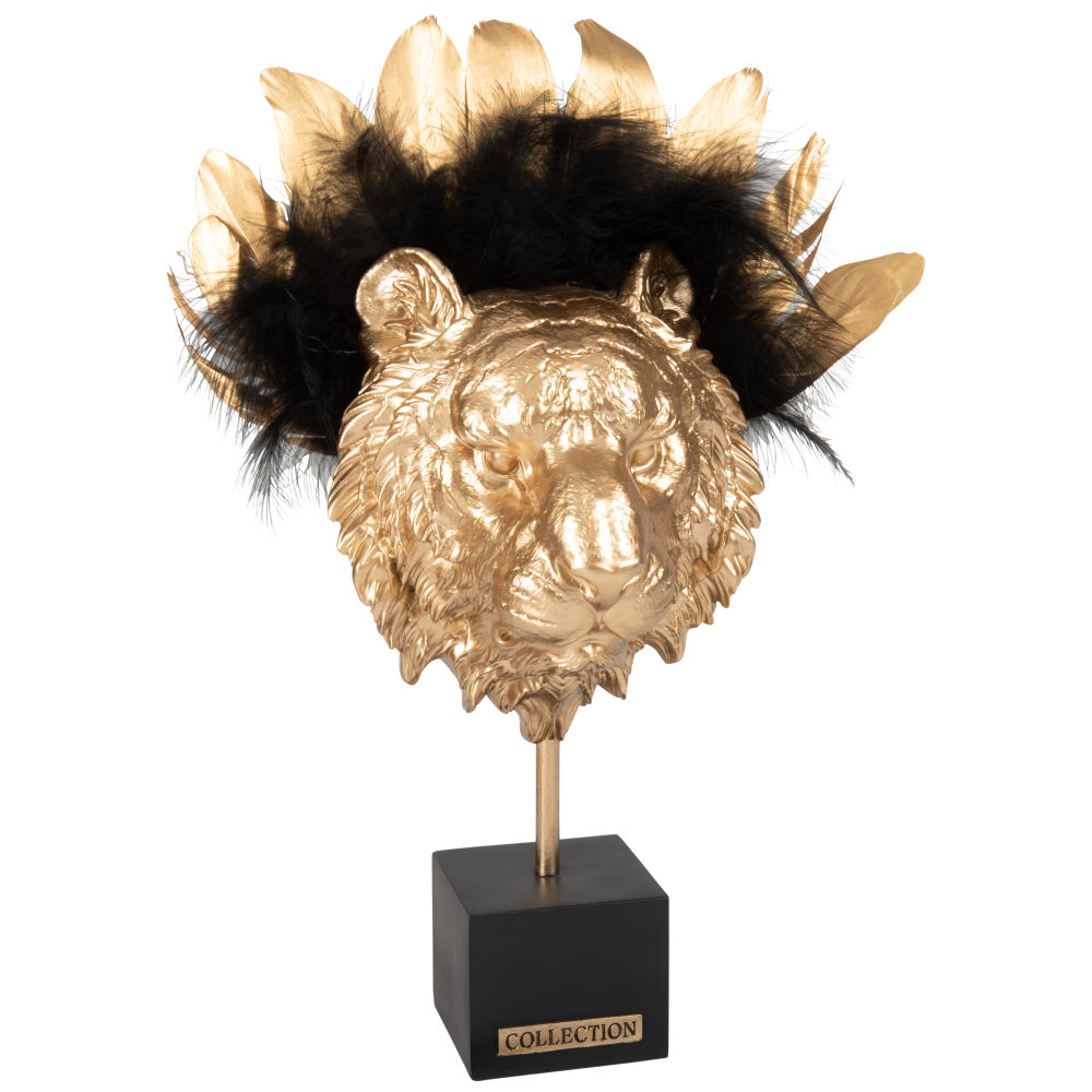 Statuette lion et plumes dorées et noires H38 Statuette lion et plumes dorées et noires H38