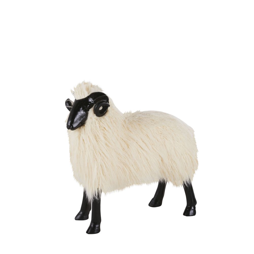 Statuette mouton en résine noire et imitation fourrure blanche H77