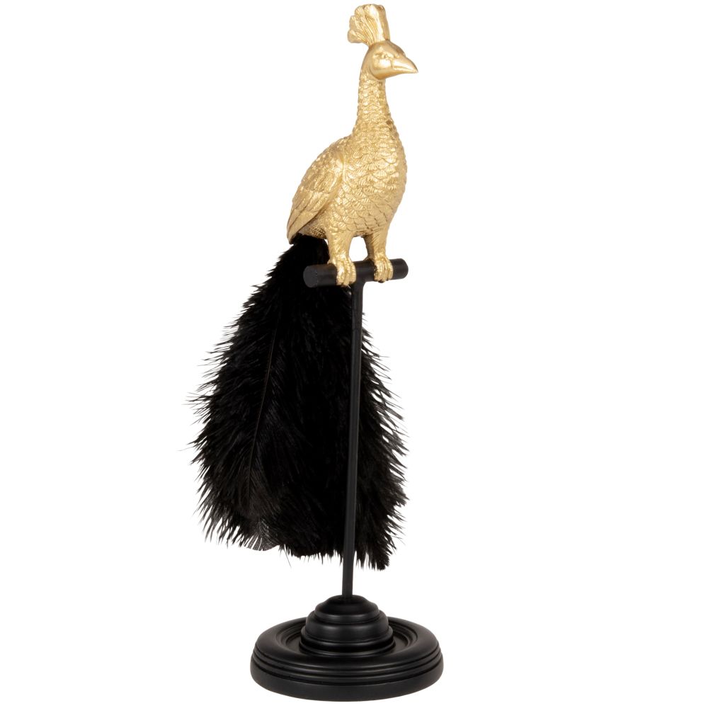 Statuette paon doré, plumes et perchoir noirs Statuette paon doré, plumes et perchoir noirs