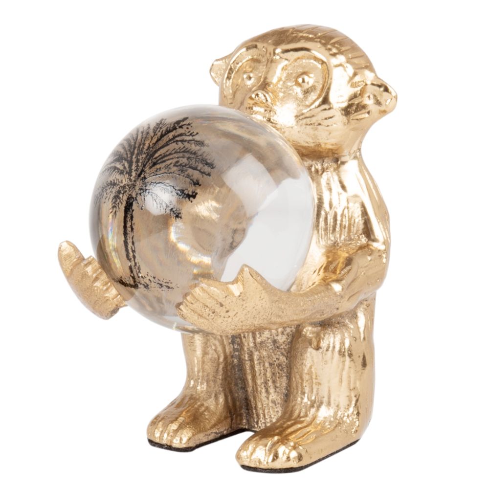 Statuette singe en aluminium doré et boule en verre imprimé végétal H15 Statuette singe en aluminium doré et boule en verre imprimé végétal H15
