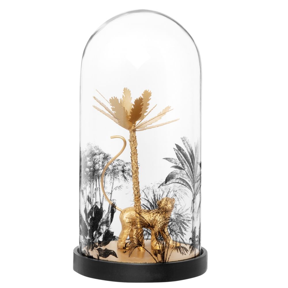 Statuette singe et palmier dorés sous cloche en verre imprimé H22 (photo) Statuette singe et palmier dorés sous cloche en verre imprimé H22