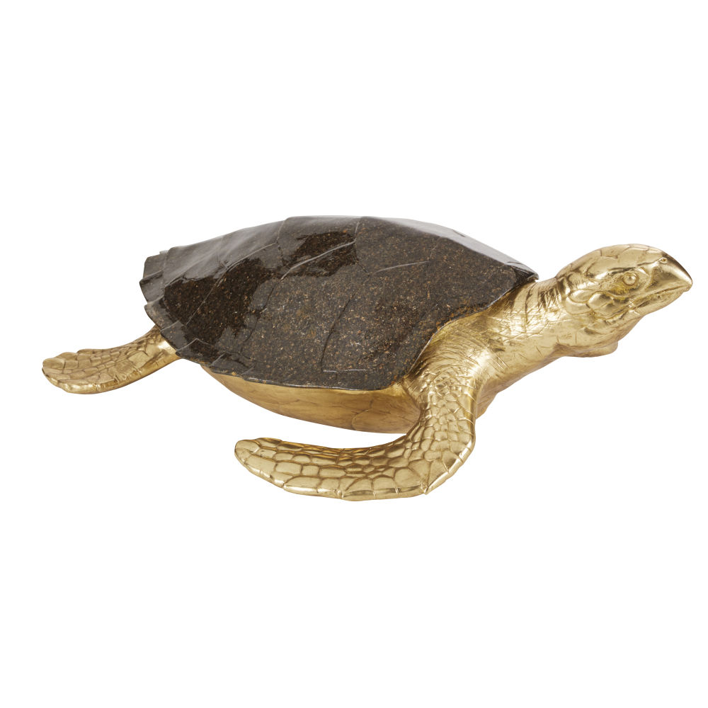 Statuette tortue en polyrésine marron irisé et dorée H28