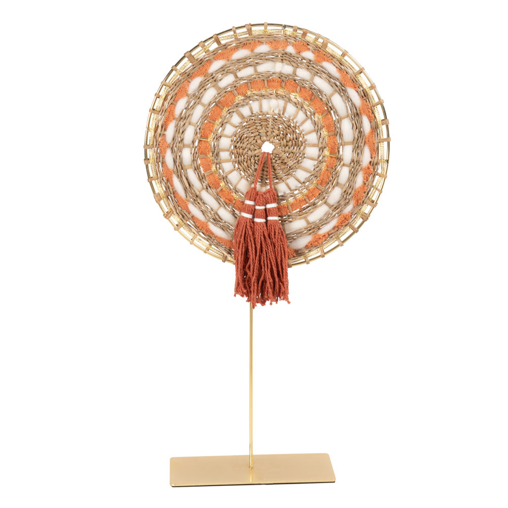 Statuette tressée blanche et terracotta avec pompons et métal doré H42 Statuette tressée blanche et terracotta avec pompons et métal doré H42