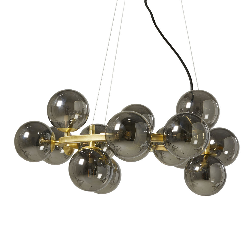 Suspension 15 globes en verre teinté noir et métal doré Suspension 15 globes en verre teinté noir et métal doré