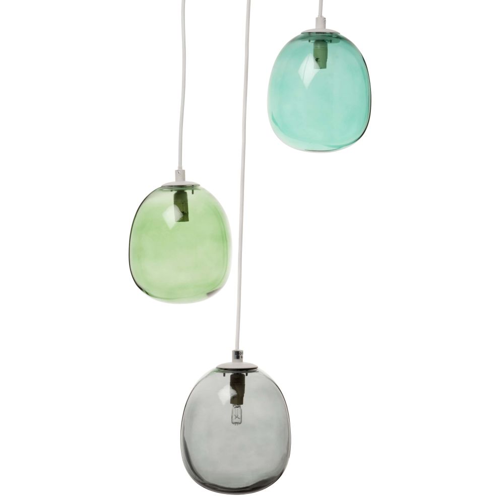 Suspension 3 globes en verre teinté bleu, vert et gris