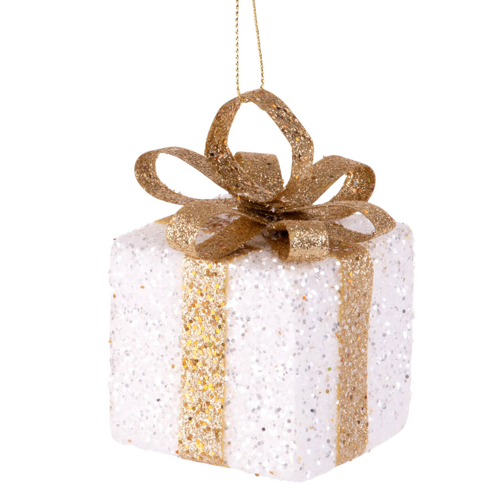 Suspension de Noël cadeau blanc et doré à paillettes Suspension de Noël cadeau blanc et doré à paillettes