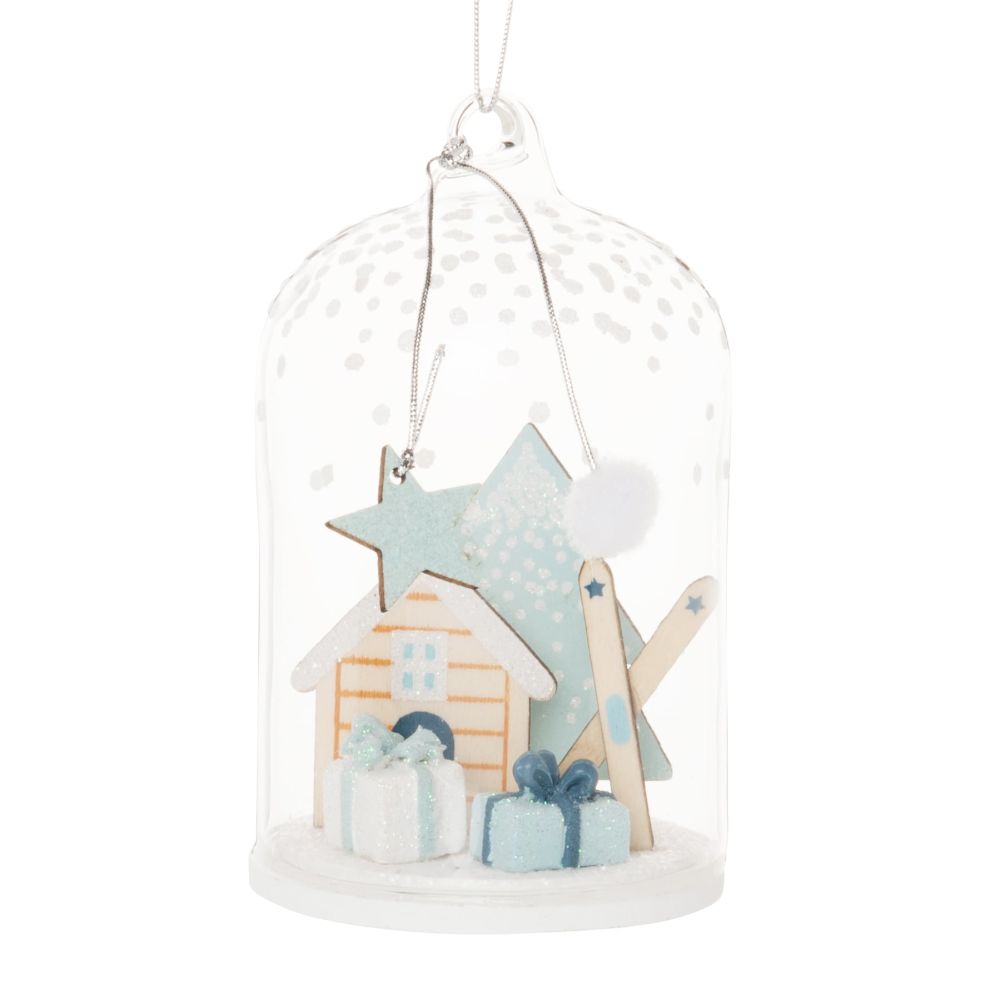 Suspension de Noël cloche en verre avec chalet blanc, bleu clair et bleu marine Suspension de Noël cloche en verre avec chalet blanc, bleu clair et bleu marine