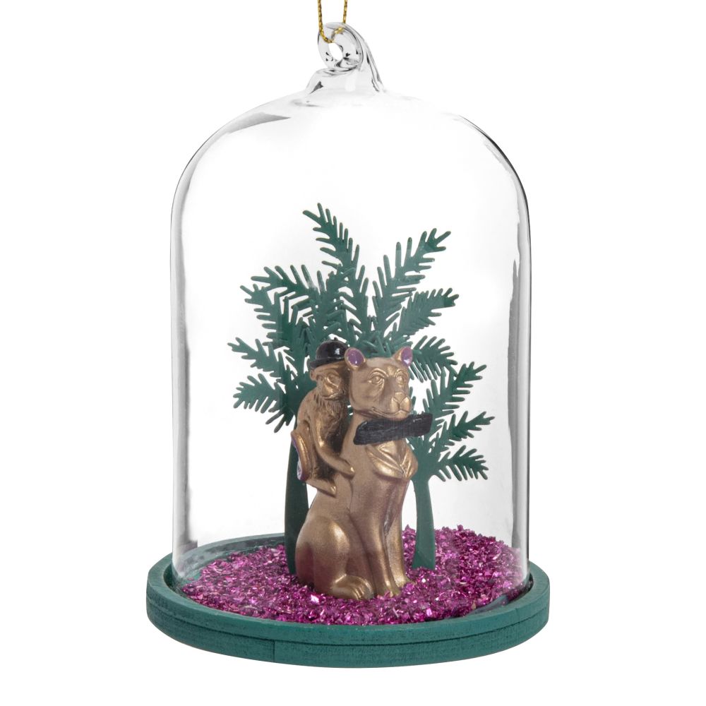 Suspension de Noël cloche en verre avec panthère et singe dorés, noirs et violets Suspension de Noël cloche en verre avec panthère et singe dorés, noirs et violets