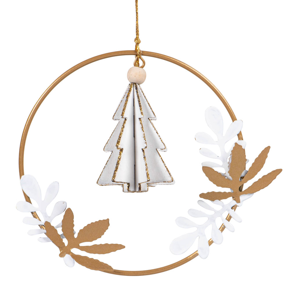 Suspension de Noël couronne avec sapin et feuillage blanc et doré Suspension de Noël couronne avec sapin et feuillage blanc et doré
