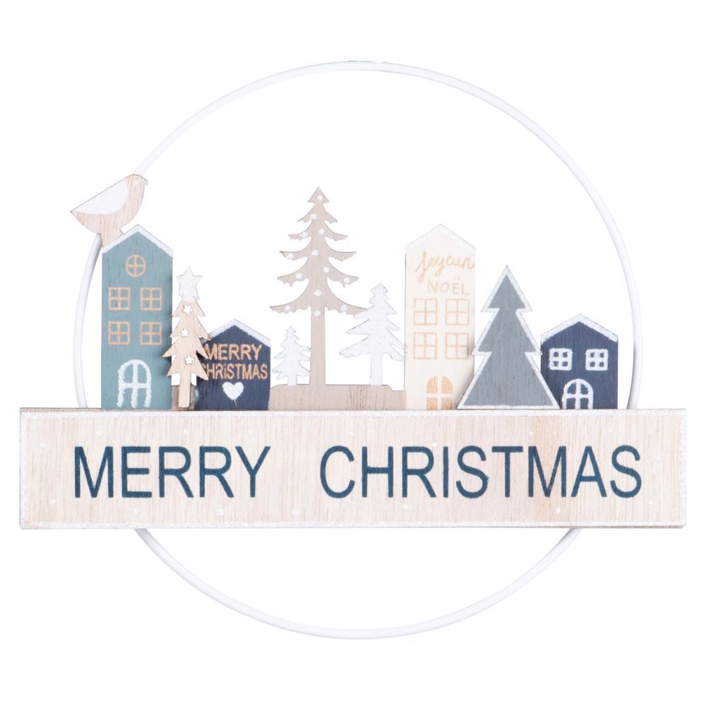Suspension de Noël en peuplier motifs maisons et sapins beiges et bleus Suspension de Noël en peuplier motifs maisons et sapins beiges et bleus