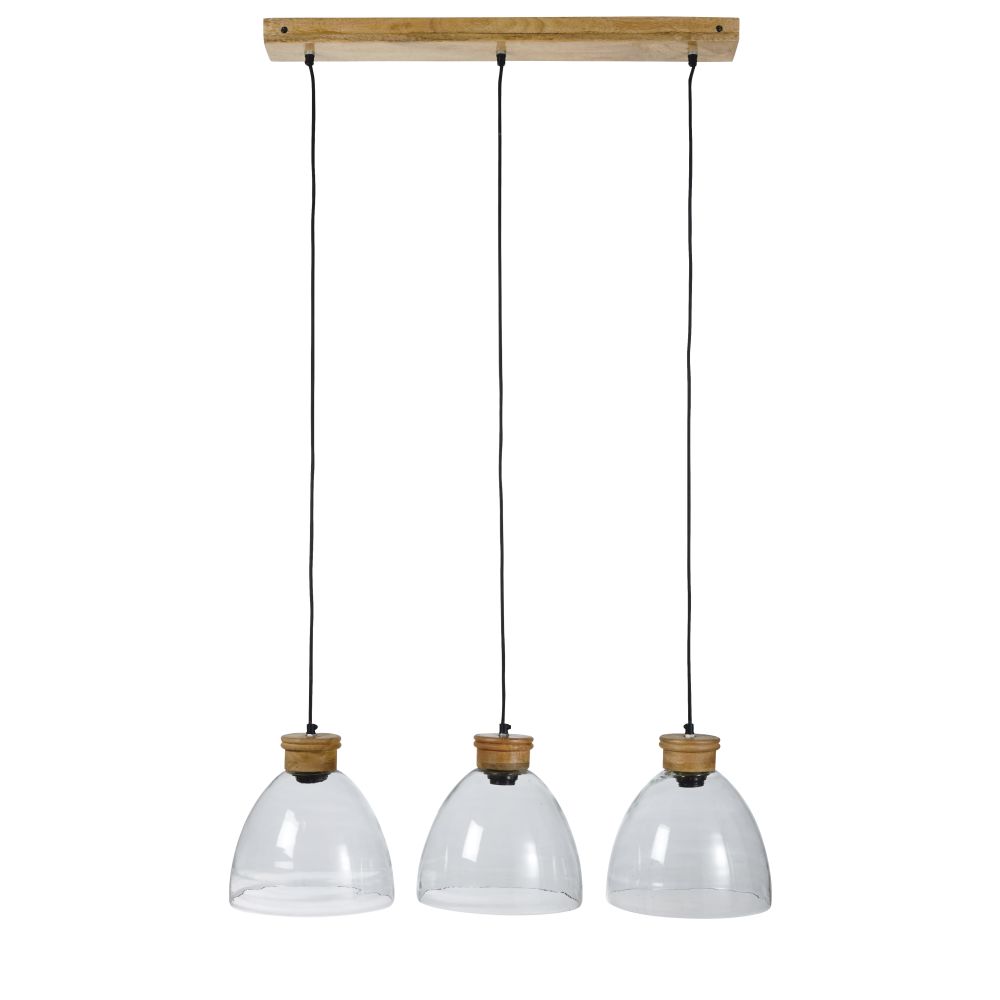 Suspension industrielle 3 globes en verre et manguier