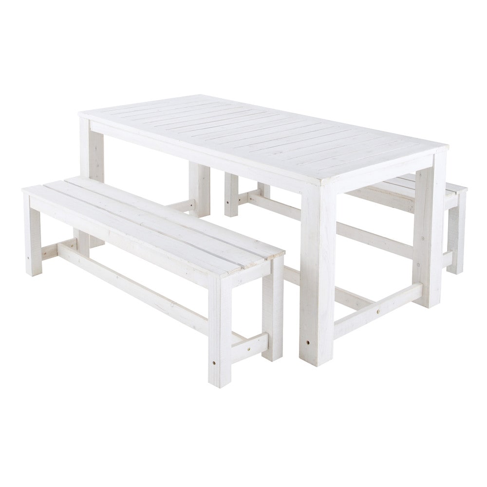 Table + 2 bancs de jardin en bois blanc L 180 cm