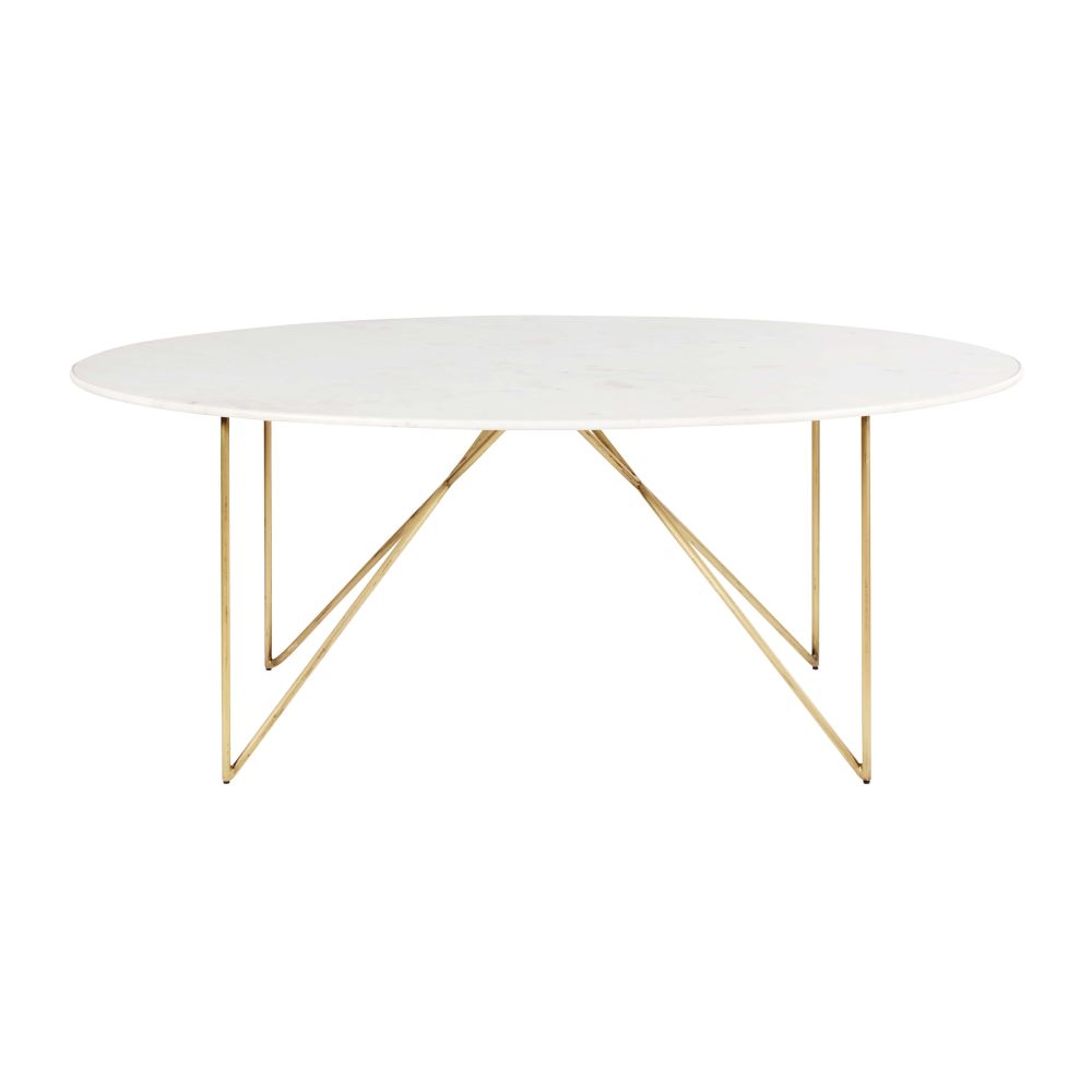 Table à manger 4/6 personnes en marbre reconstitué blanc et fer doré L200