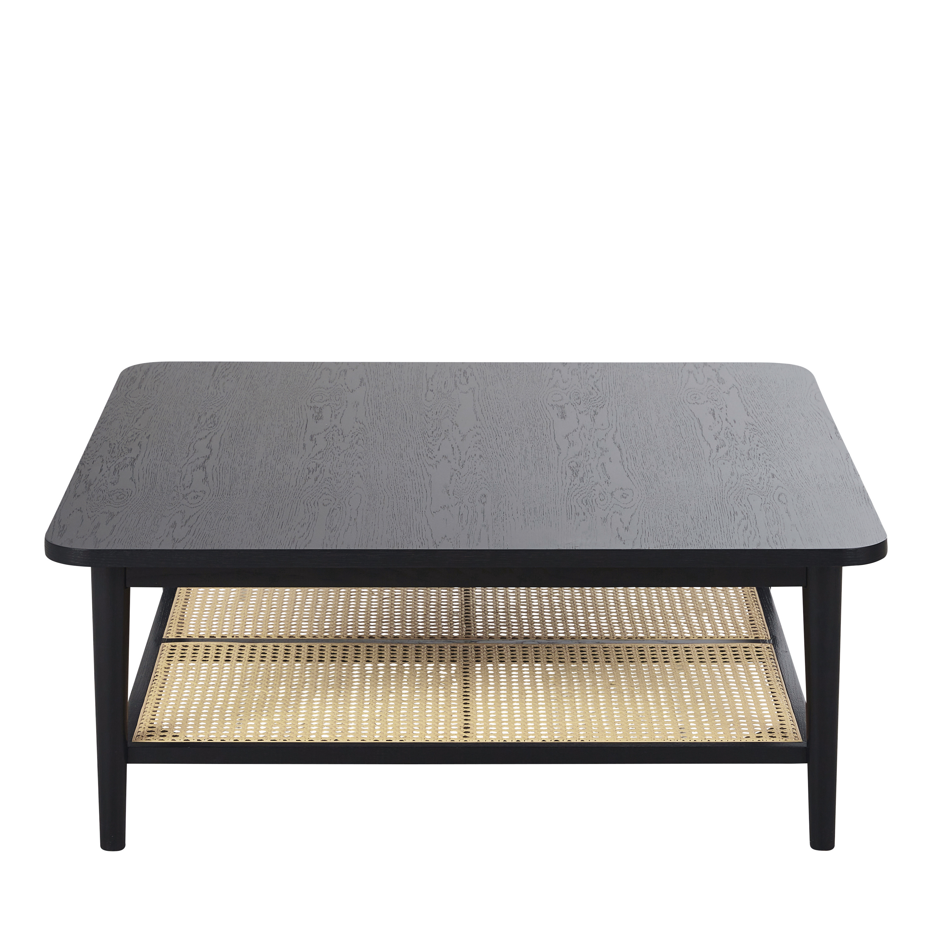 Table basse 2 plateaux noire et cannage en rotin L100