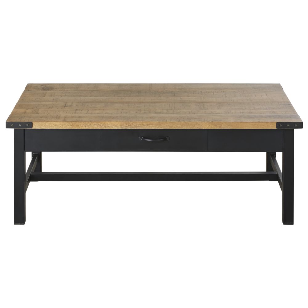 Table basse 2 tiroirs en bois de manguier massif et métal noir
