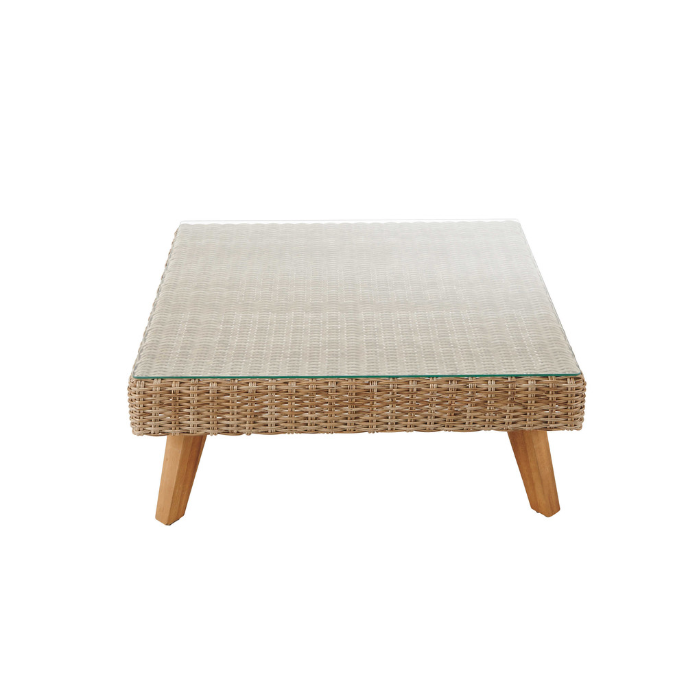 Table basse de jardin en verre trempé et résine tressée L 80 cm Table basse de jardin en verre trempé et résine tressée L 80 cm