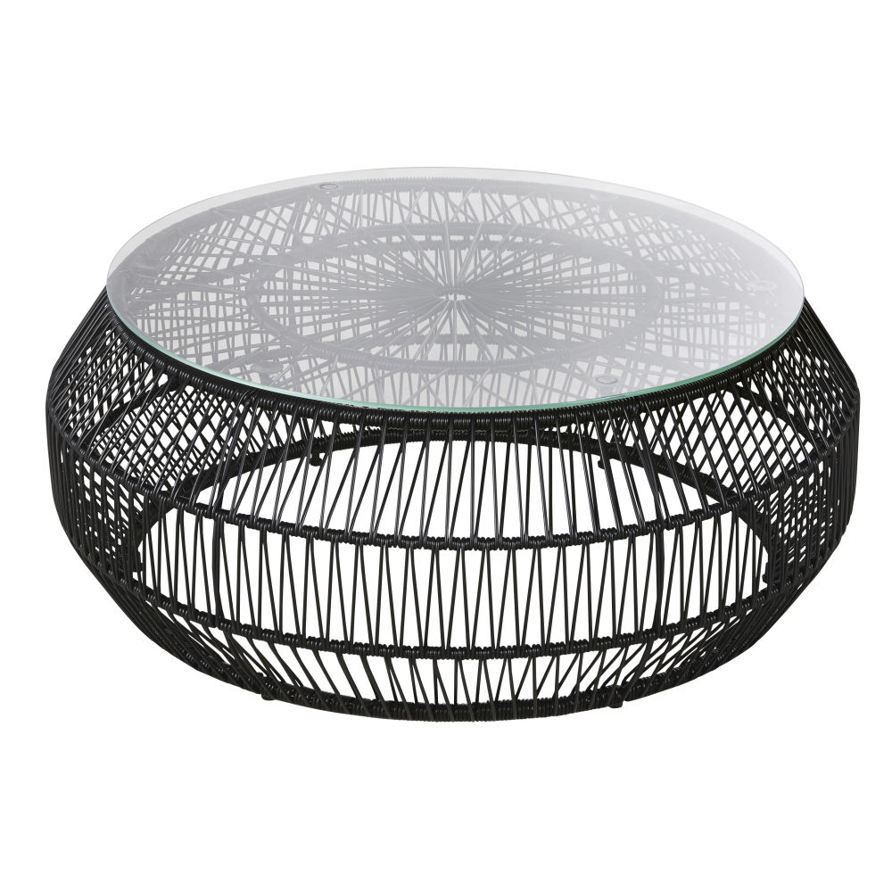Table basse de jardin ronde en résine noire et verre Table basse de jardin ronde en résine noire et verre